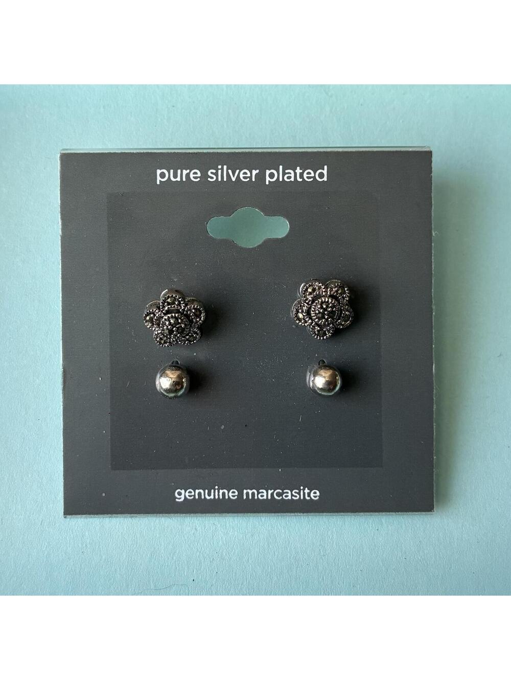Marcasite Pure Silver Plated Set of 2 Post Earrings - Floral and Stud NEW / NWT
